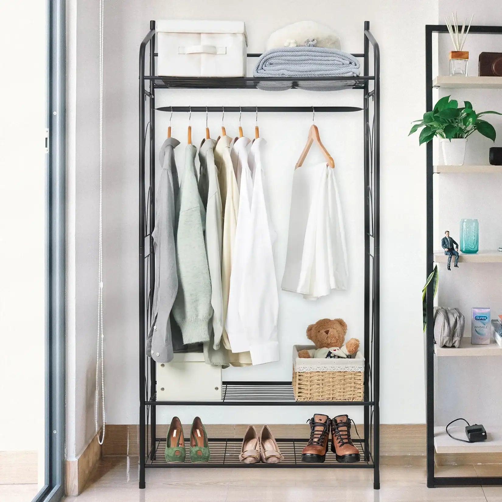 Heavy Duty Metal Garment Shoe Rack Stand Freestanding Clothes Hanging Rail with Shelves