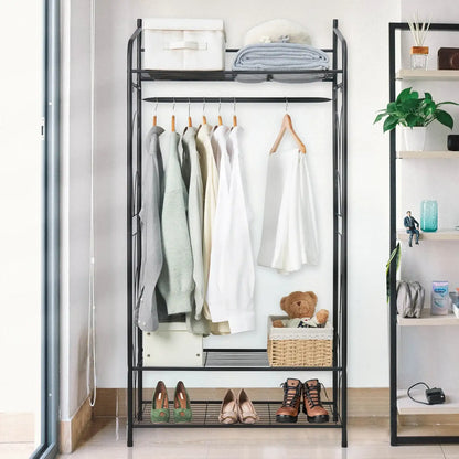 Heavy Duty Metal Garment Shoe Rack Stand Freestanding Clothes Hanging Rail with Shelves