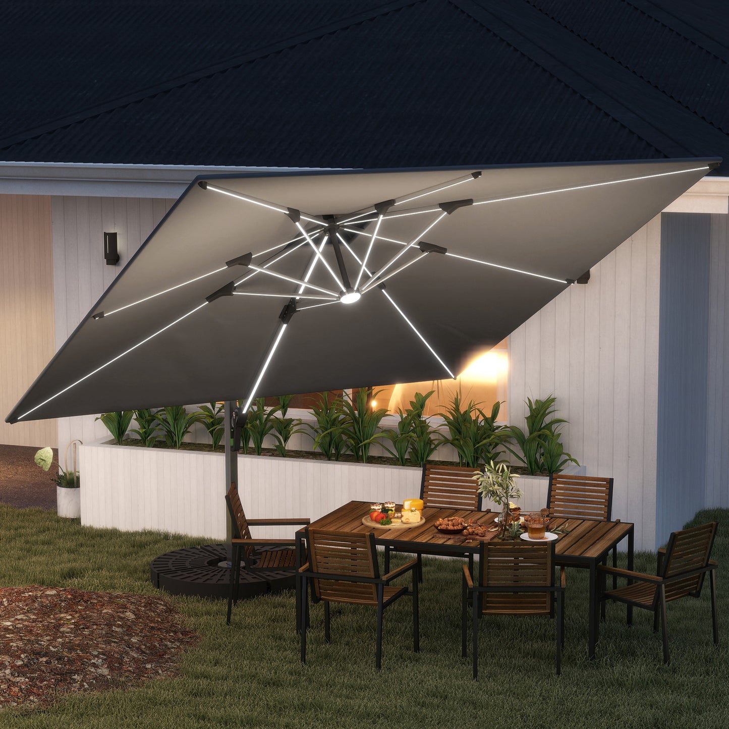 Outsunny 3(m) Garden Cantilever Parasol with Solar LED Lights, Cross Base, 360° Rotation, Crank Handle and Tilt, Grey