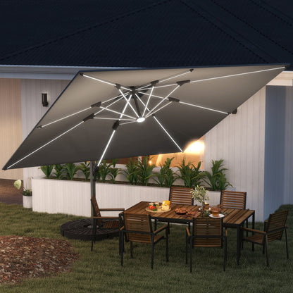 Outsunny 3(m) Garden Cantilever Parasol with Solar LED Lights, Cross Base, 360° Rotation, Crank Handle and Tilt, Grey