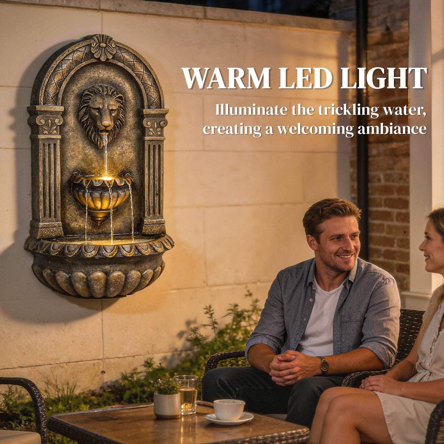 Wall-Mounted 3-Tier Lion Head Resin Waterfall Fountain | Warm LED Backlighting | Hand-Painted Weathered Stone Look | 3-Speed Adjustable Pump | 5W | 230V | 3m Cable | 41x23x79cm | Patio & Garden | Rustic Brown
