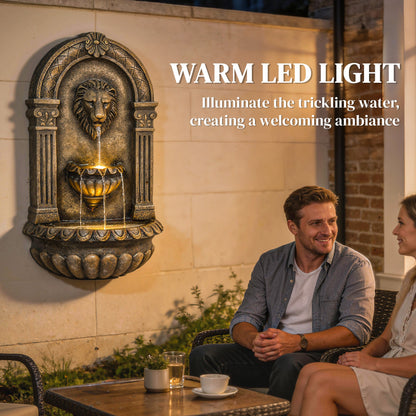 Wall-Mounted 3-Tier Lion Head Resin Waterfall Fountain | Warm LED Backlighting | Hand-Painted Weathered Stone Look | 3-Speed Adjustable Pump | 5W | 230V | 3m Cable | 41x23x79cm | Patio & Garden | Rustic Brown