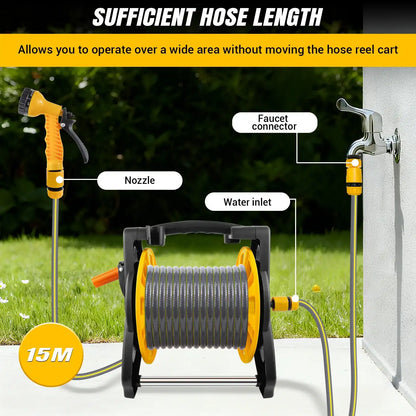 Garden Hose Reel 15M/25M/30M, 2-In-1 as Free Standing or Wall Mounted Garden Hose, Complete with Hose Guide, Nozzle and Fittings