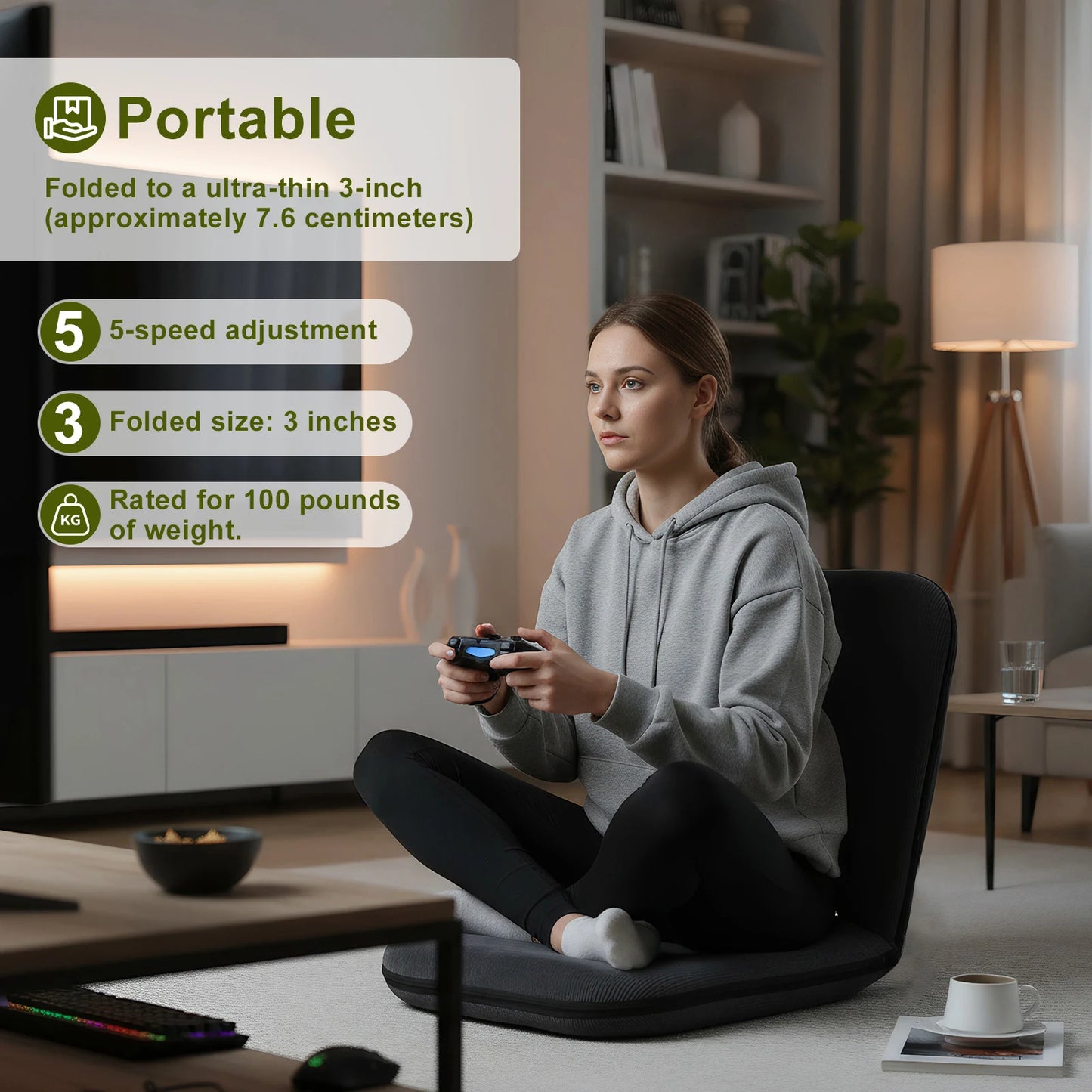 5-Position Adjustable Floor Chair Lazy Sofa Recliner for Reading Gaming (Grey)