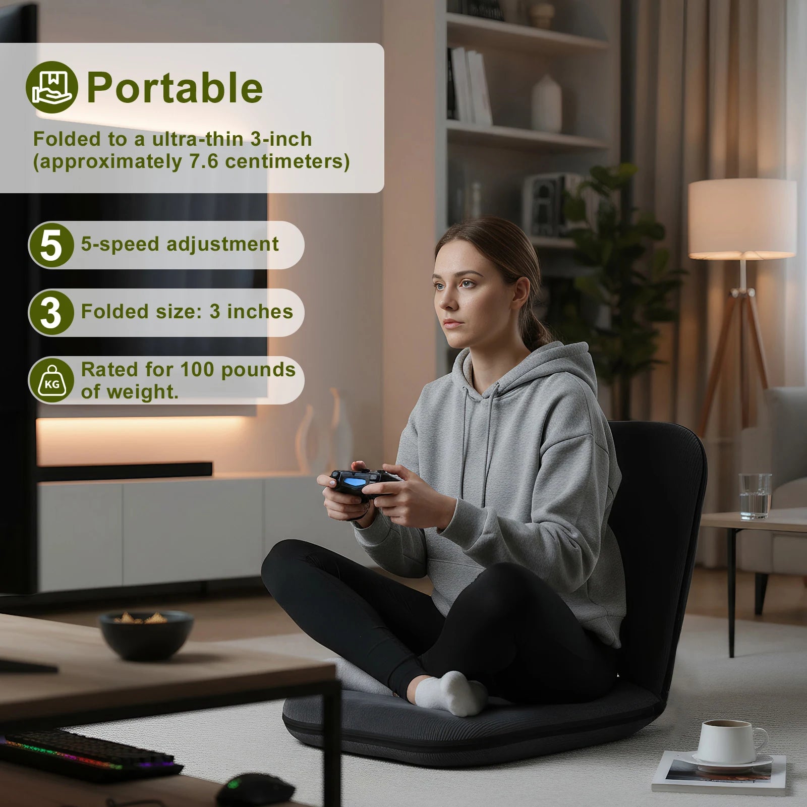 5-Position Adjustable Floor Chair Lazy Sofa Recliner for Reading Gaming (Grey)