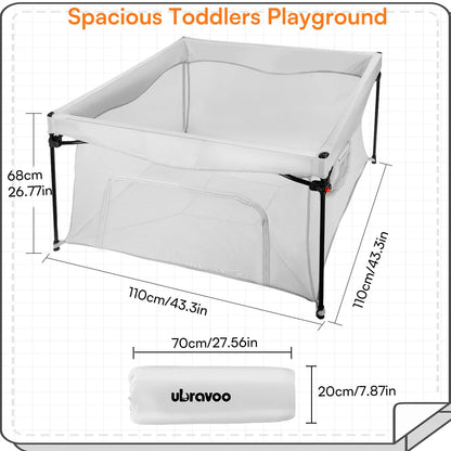 UBRAVOO Baby Playpen Playard With Storage Bag, Portable For Indoor & Outdoor Kids Toddlers Activity Centre, Foldable - Grey
