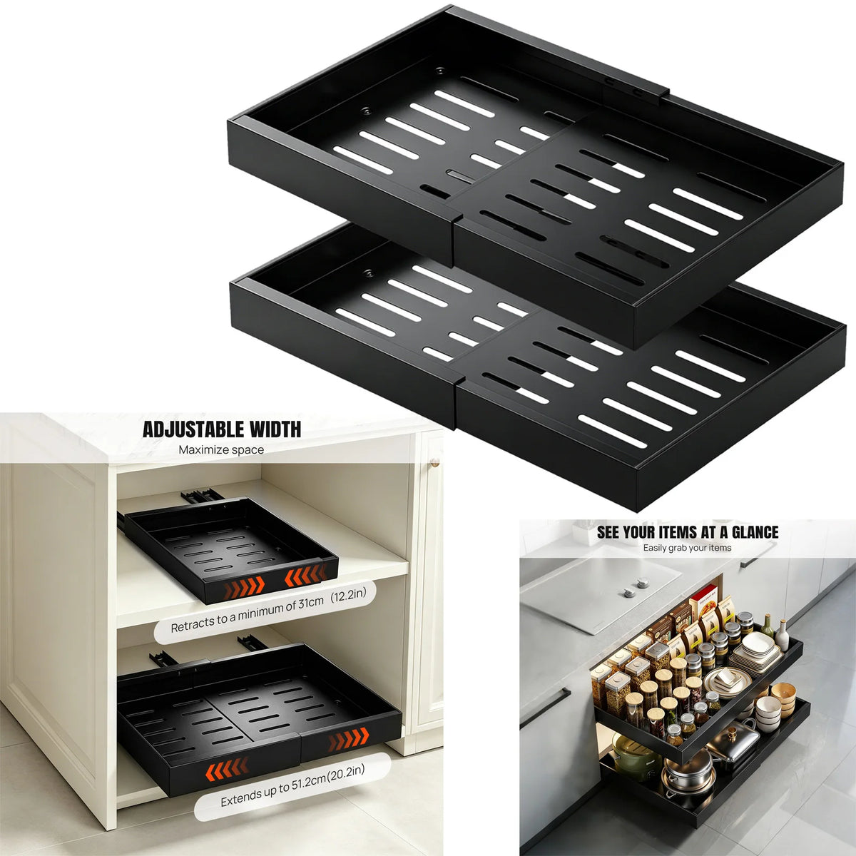2 Pack Expandable Pull Out Cabinet Organizer Adhesive, Peel and Stick Slide Out Drawers for Kitchen Cabinets,Cabinet Pull Out Shelves for Kitchen Pantry Organization Adjustable Width 12.6"-21"
