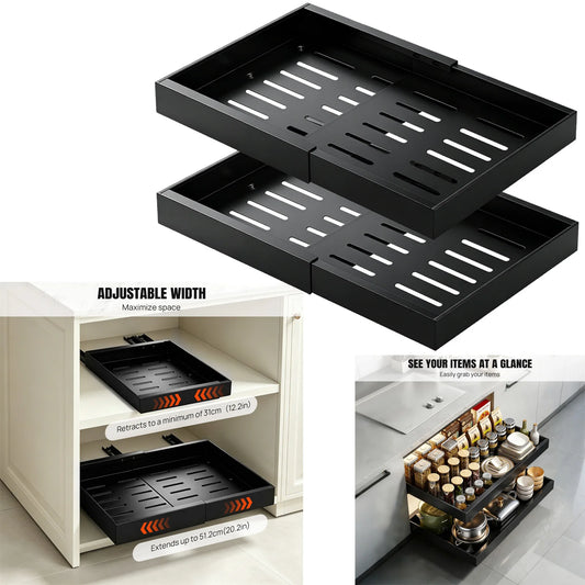 2 Pack Expandable Pull Out Cabinet Organizer Adhesive, Peel and Stick Slide Out Drawers for Kitchen Cabinets,Cabinet Pull Out Shelves for Kitchen Pantry Organization Adjustable Width 12.6"-21"