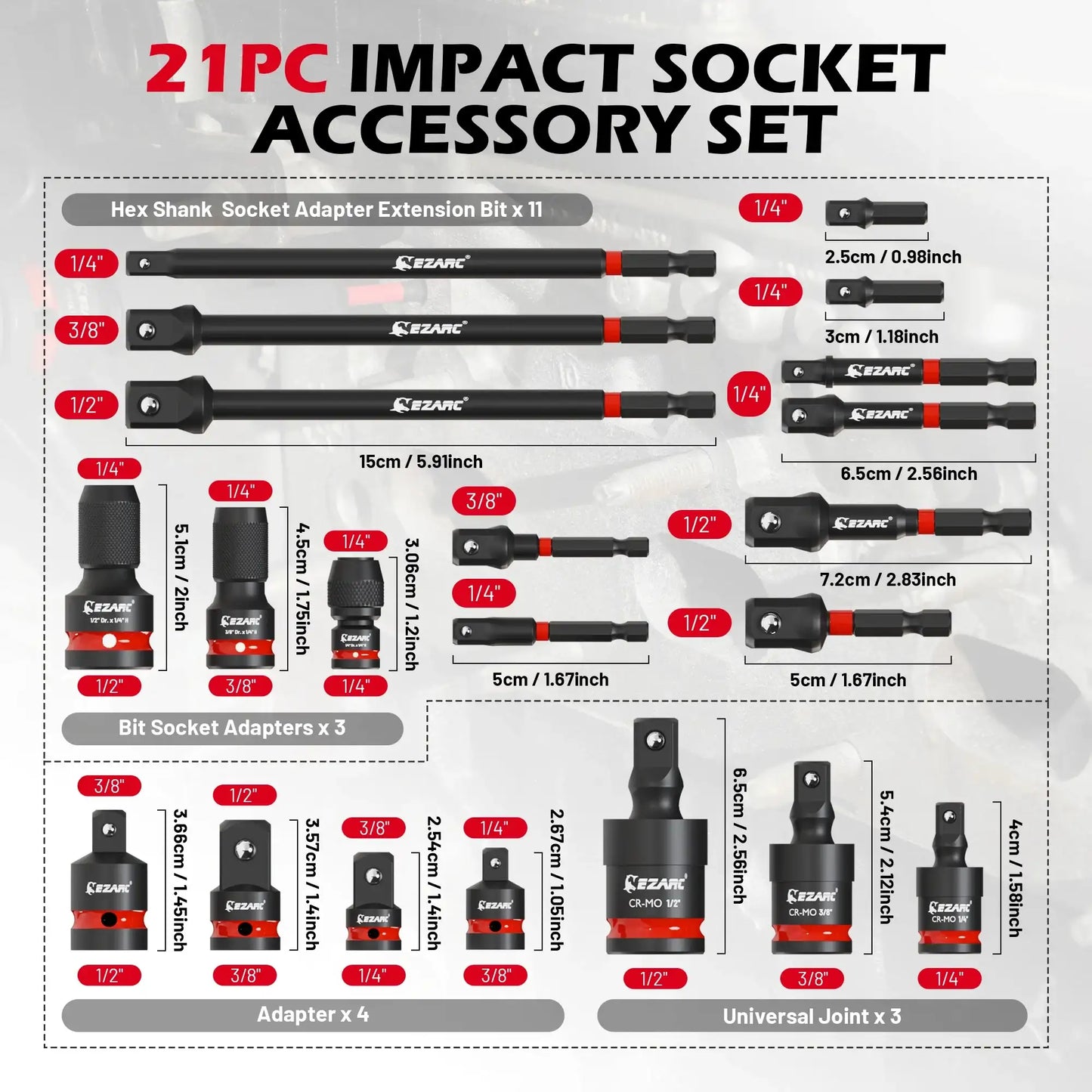 EZARC 21 Piece Impact Socket Adapter Set - CR-MO Universal Swivel Socket Set & Impact Couplers, CR-V Reducers & Hex Extension Bits