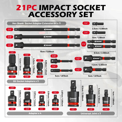 EZARC 21 Piece Impact Socket Adapter Set - CR-MO Universal Swivel Socket Set & Impact Couplers, CR-V Reducers & Hex Extension Bits