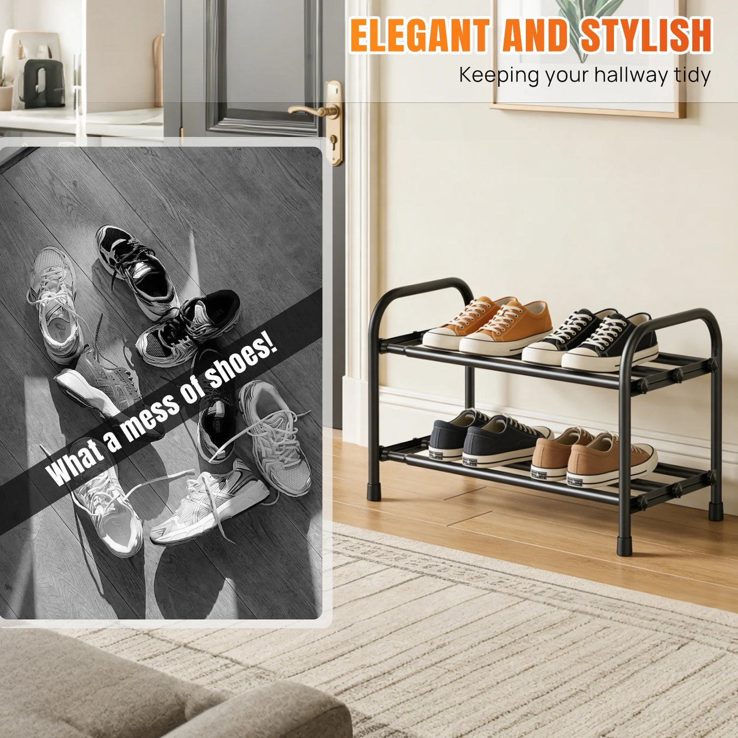 Adjustable Expandable Shoe Rack Organiser Shelf For Closet, Black Metal Free Standing Shoe Rack Store 2/3/4 Tier