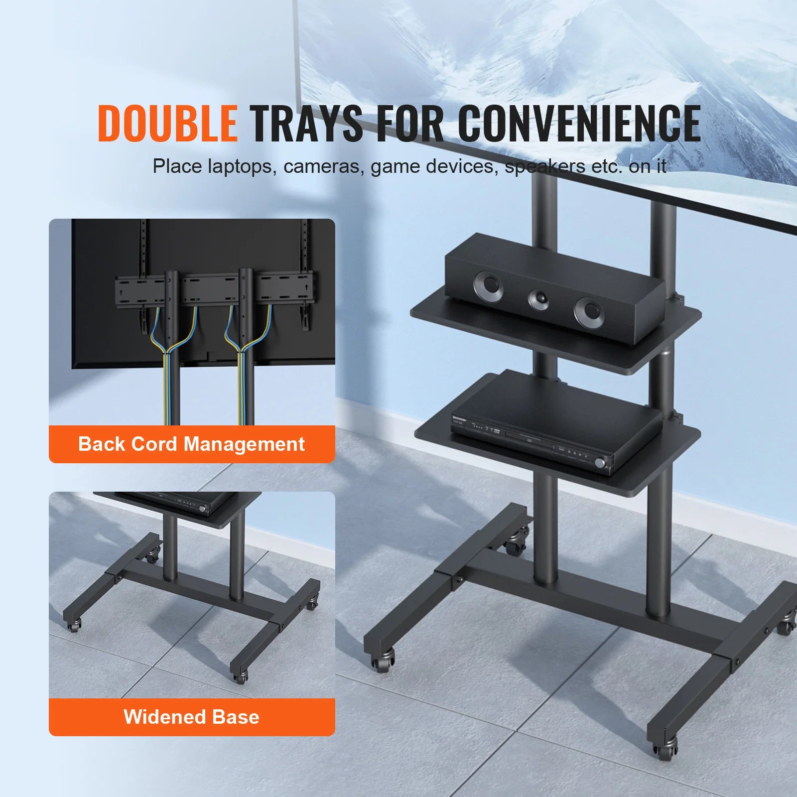 Mobile TV Stand Height Adjustable With Wheels Double Tray For Audio Visual Devices Rolling TV Station