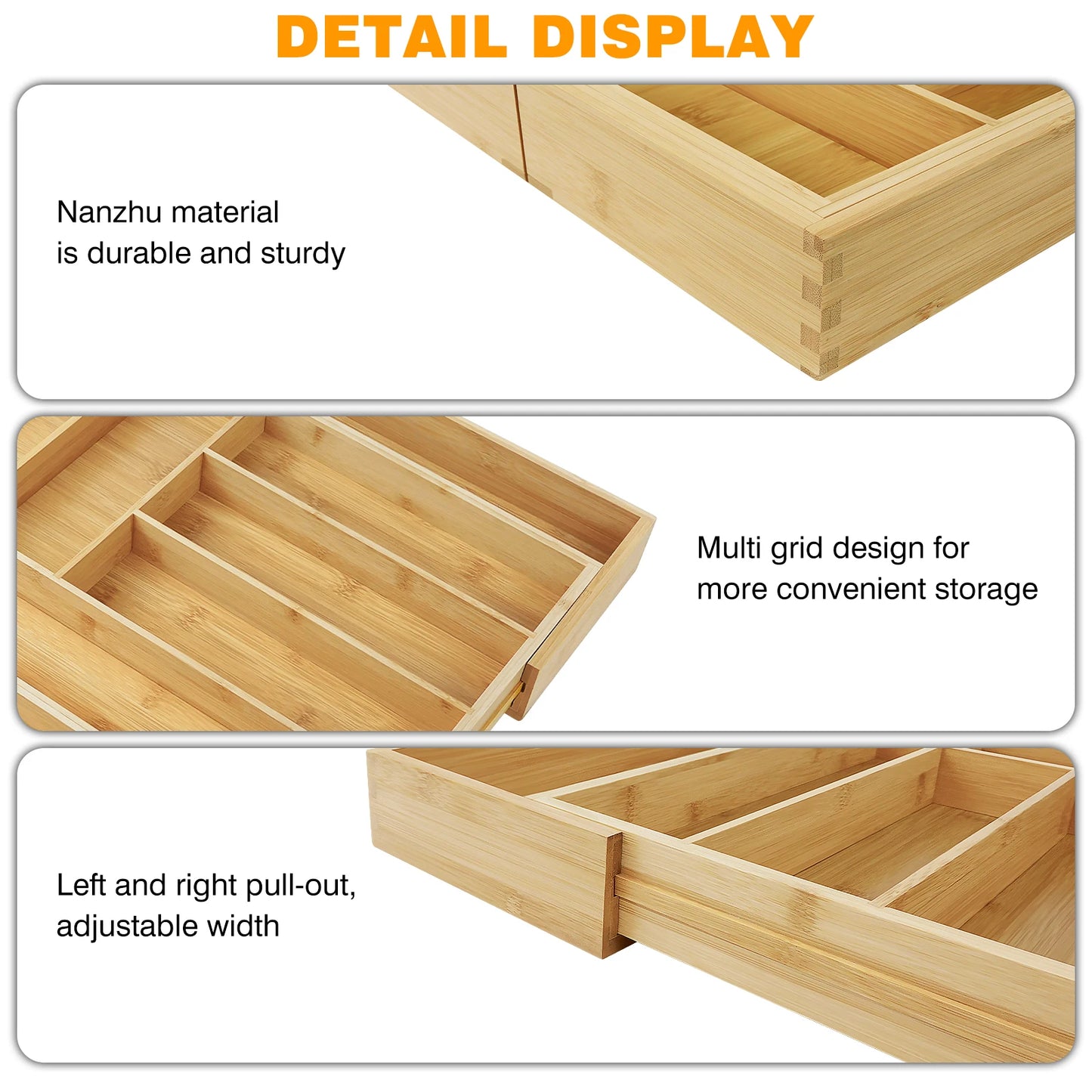 Extendable Bamboo Cutlery Tray Kitchen Drawer Storage Organiser 6-8 Storage Compartments