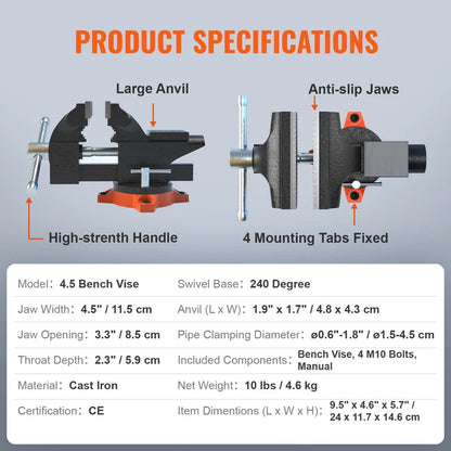 Bench Vice Multipurpose With Swivel Base And Anvil Heavy Duty Cast Iron For Drilling, Conduit Cutting, Sanding Strong Heavy Duty Workbench Tool