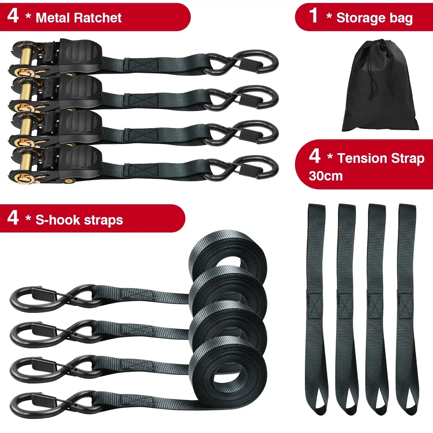 Dayplus Ratchet Tie down Straps, 800Kg Break Strength, Rubber Coated Metal Handles, Plastic Coated Metal Hooks, Carrying Bag