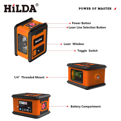 HILDA 2-Line Laser Level Instrument Cross Green Light Horizontal Laser Horizontal and Vertical Self-Leveling Green Beam
