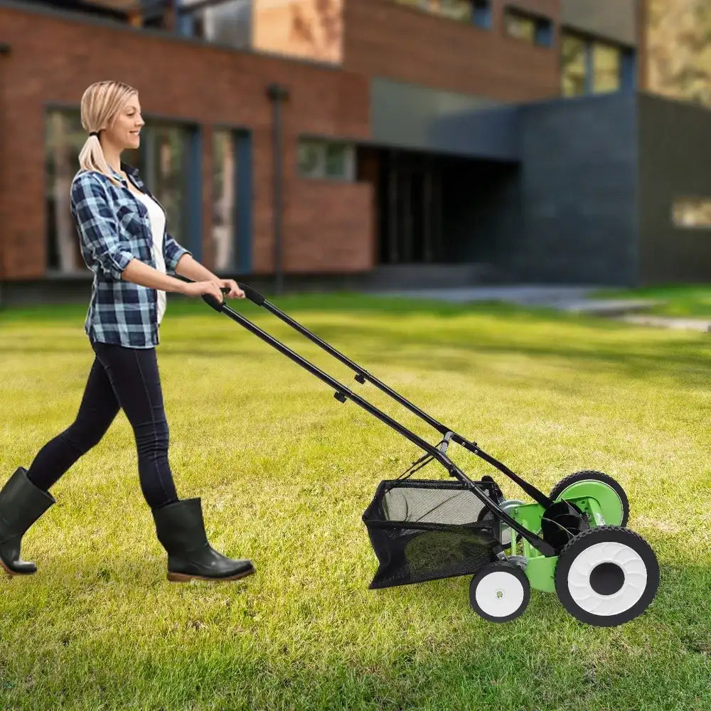 Manual Reel Lawn Mower Adjustable Cutting Handle Height Hand Push Lawnmower Yard Walk behind Removable Grass Steel Blades