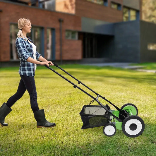 Manual Reel Lawn Mower Adjustable Cutting Handle Height Hand Push Lawnmower Yard Walk behind Removable Grass Steel Blades