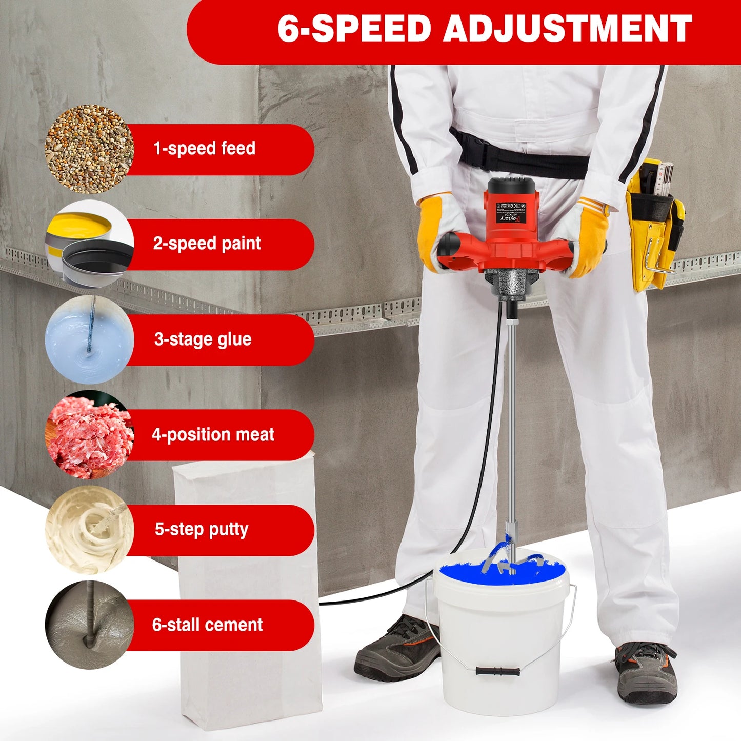 2600W Corded Electric Handheld Concrete Cement Paddle Mixer Machine Adjustable 6 Speed Stirrer Mix Stirring Tool With M14 Mixing Rod
