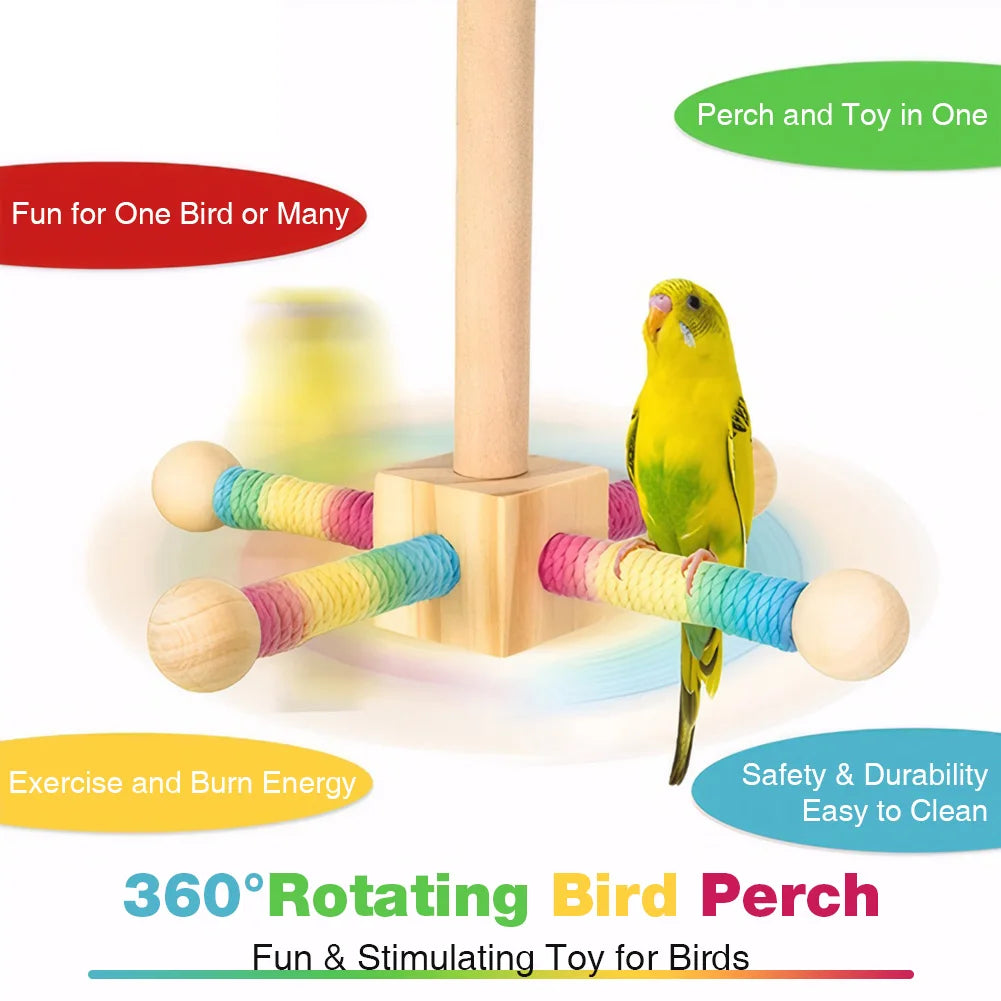 Wooden Parrot Rotating Windmill Toy with Bearing Interactive Parrot Stand Wear Resist Parrot Windmill Toy Station for Pet Gift