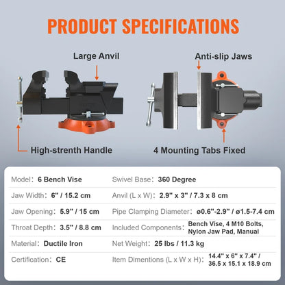 Bench Vice Multipurpose With Swivel Base And Anvil Heavy Duty Cast Iron For Drilling, Conduit Cutting, Sanding Strong Heavy Duty Workbench Tool