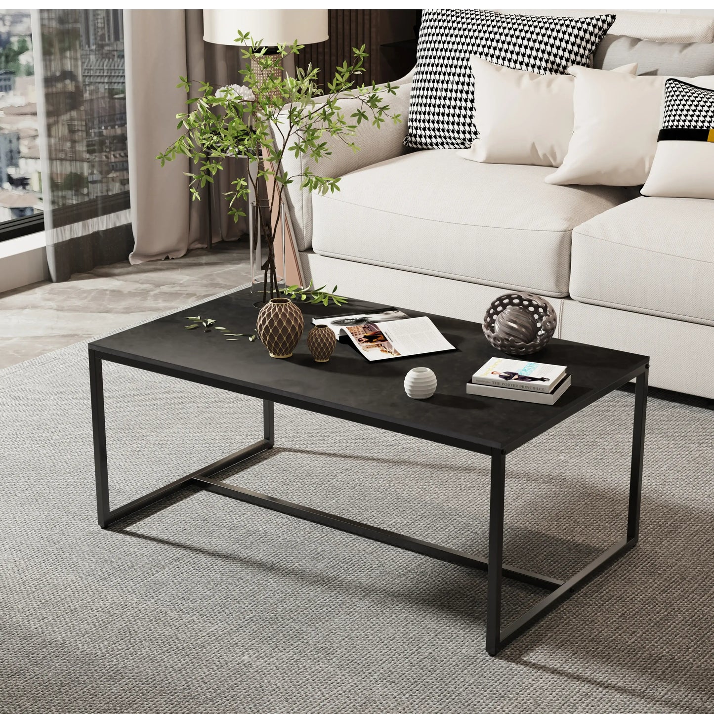 Natural Sintered Stone Sofa Centre Coffee Table With Black Metal Frame - Rectangular Furniture Decor Table for Living Room
