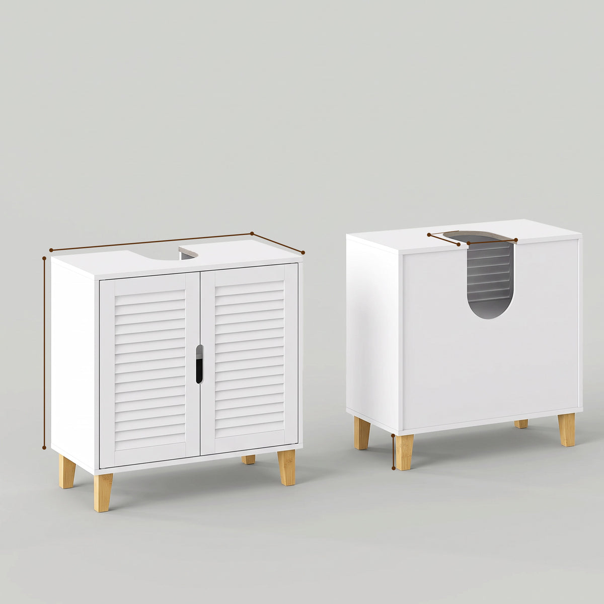 Under Sink Bathroom Cabinet | 60W x 30D x 60H cm | 2 Louvre Doors, Adjustable Shelf & Bamboo Legs | White & Natural