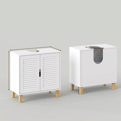 Under Sink Bathroom Cabinet | 60W x 30D x 60H cm | 2 Louvre Doors, Adjustable Shelf & Bamboo Legs | White & Natural