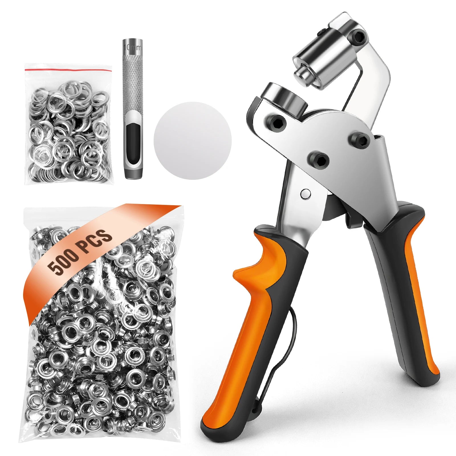 Grommet Tool Kit 3/8 Inch Eyelet Press Pliers 10mm Manual Handheld With 500 Piece Silver Grommets For Tarpaulin & Clothing