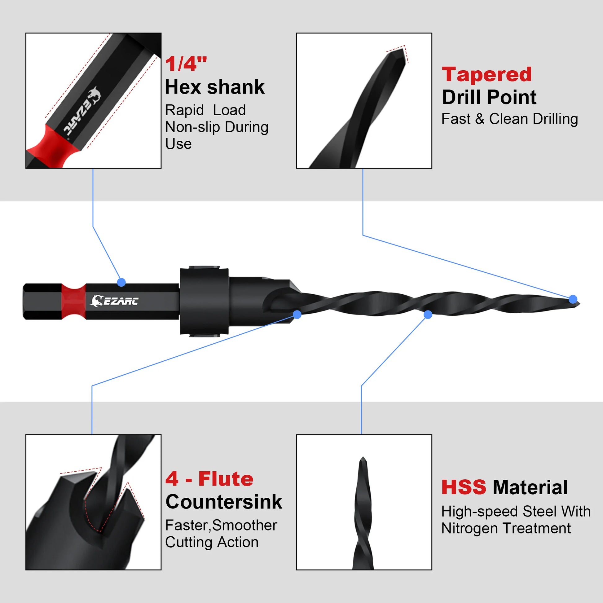 EZARC 8 Piece Countersink Drill Bit Set For Woodworking, HSS Tapered Drill Bits Counter Sinker Kit, 1/4" Hex Shank Quick Change