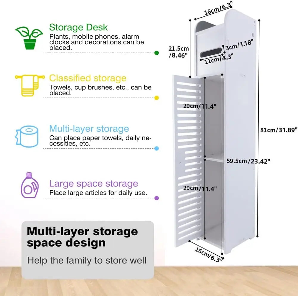 Bathroom Storage Cabinet 3 Tier Floor Cabinet Organizer with Door Free-Standing Toilet Roll Holder Narrow Toilet Storage Cabinet