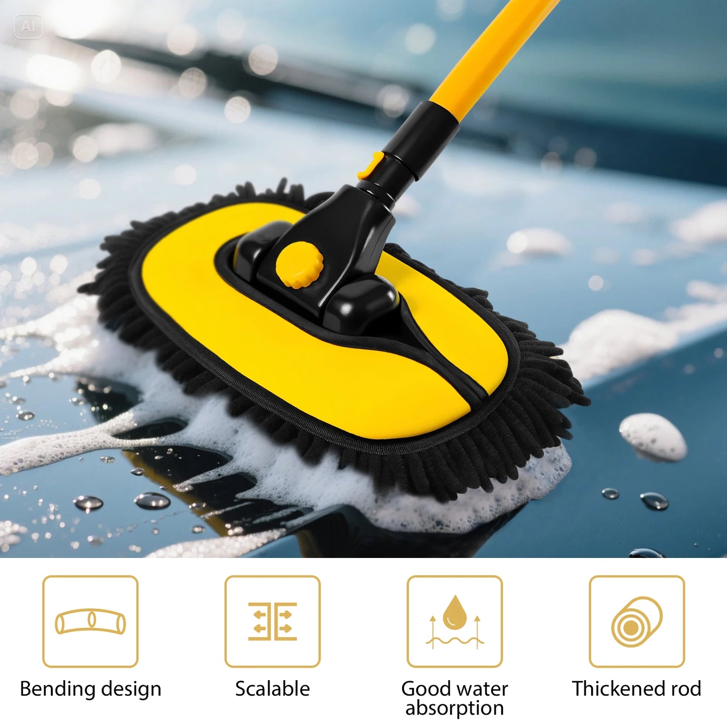 Car Wash Brush With Long Handle, 15° Curved Extendable Car Cleaning Brush with Replaceable Microfibre Mop Head,Washing Brush 55 Inch