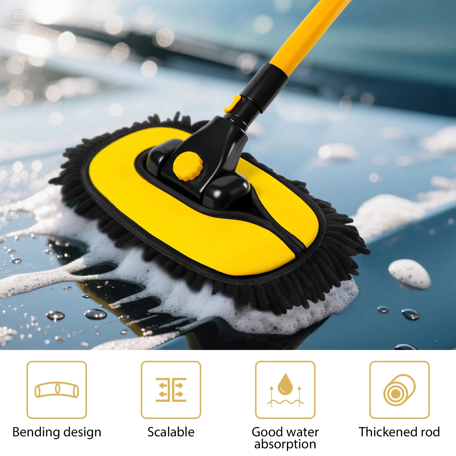 Car Wash Brush With Long Handle, 15° Curved Extendable Car Cleaning Brush with Replaceable Microfibre Mop Head,Washing Brush 55 Inch