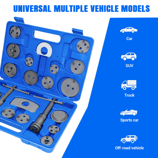 22 Piece Brake Caliper Rewind Tool Kit To Wind Back Front And Rear Disc Brake Piston Compression Pad Replacement Master Set