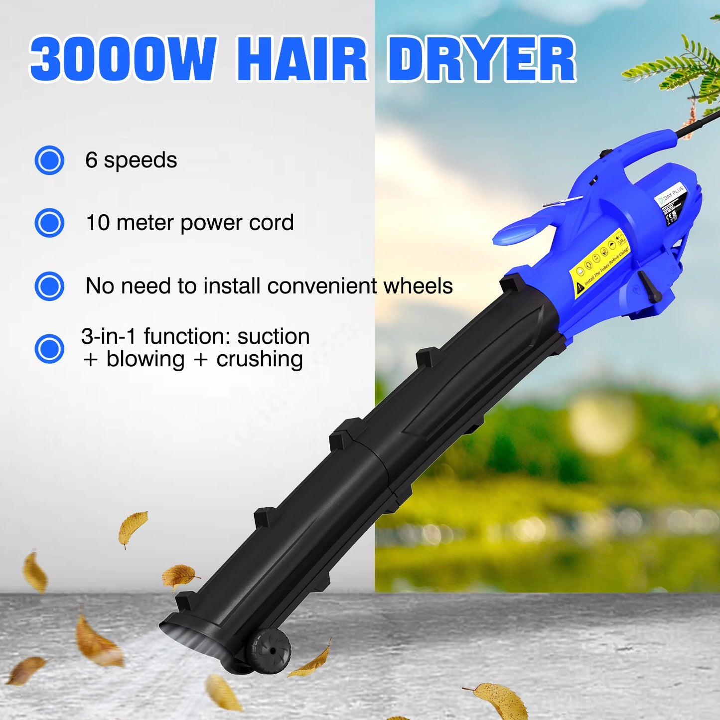 3 In 1 Leaf Blower Garden Vacuum Leaf Shredder, Powerful Electric Garden Blower For Household, 6 Variable Speeds & 35L Bag