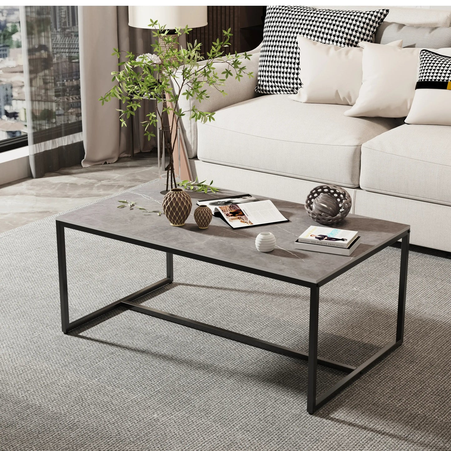Natural Sintered Stone Sofa Centre Coffee Table With Black Metal Frame - Rectangular Furniture Decor Table for Living Room