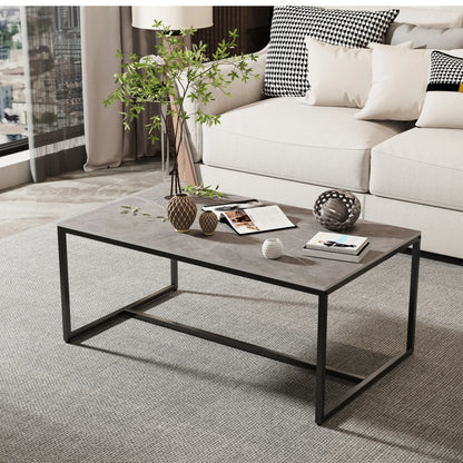Natural Sintered Stone Sofa Centre Coffee Table With Black Metal Frame - Rectangular Furniture Decor Table for Living Room