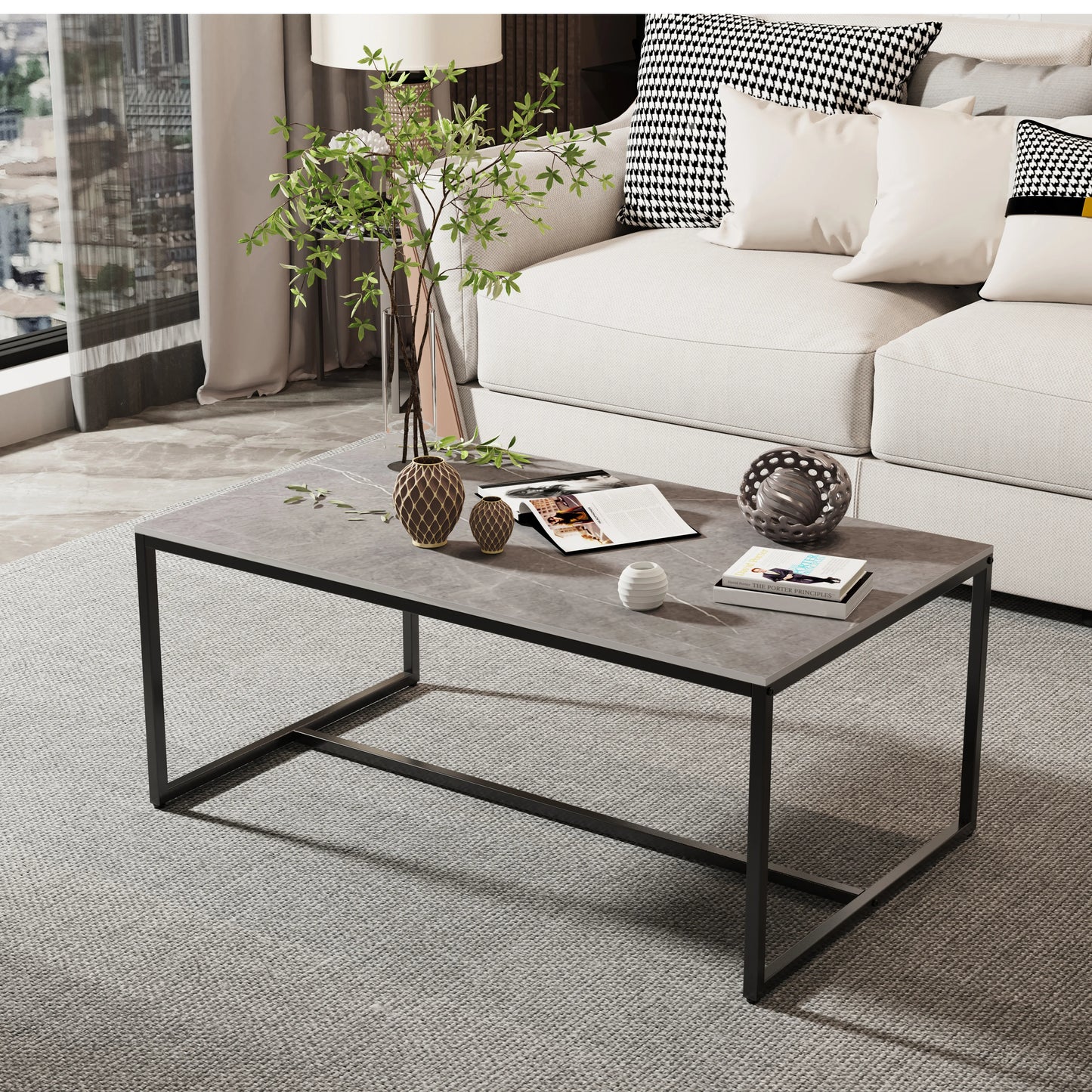 Natural Sintered Stone Coffee Table Sofa Centre Table With Black Metal Frame - Rectangular Furniture Decor For Living Room