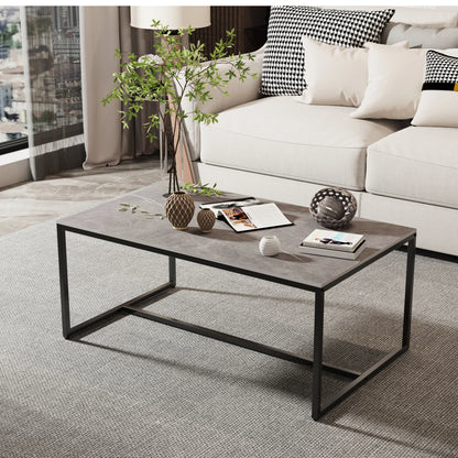 Natural Sintered Stone Coffee Table Sofa Centre Table With Black Metal Frame - Rectangular Furniture Decor For Living Room