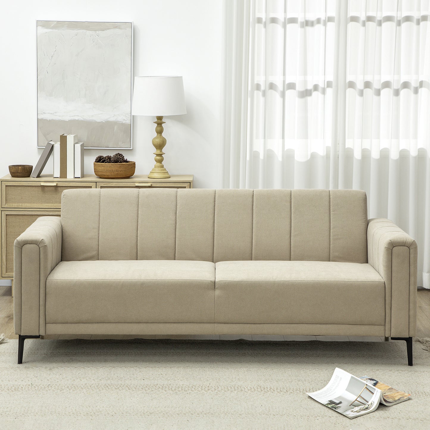 3 Seater Sofa, Modern Fabric Sofa Couch, Channel Tufted Upholstered Sofa Settee for Living Room, Guest Room, Bedroom, Home Office