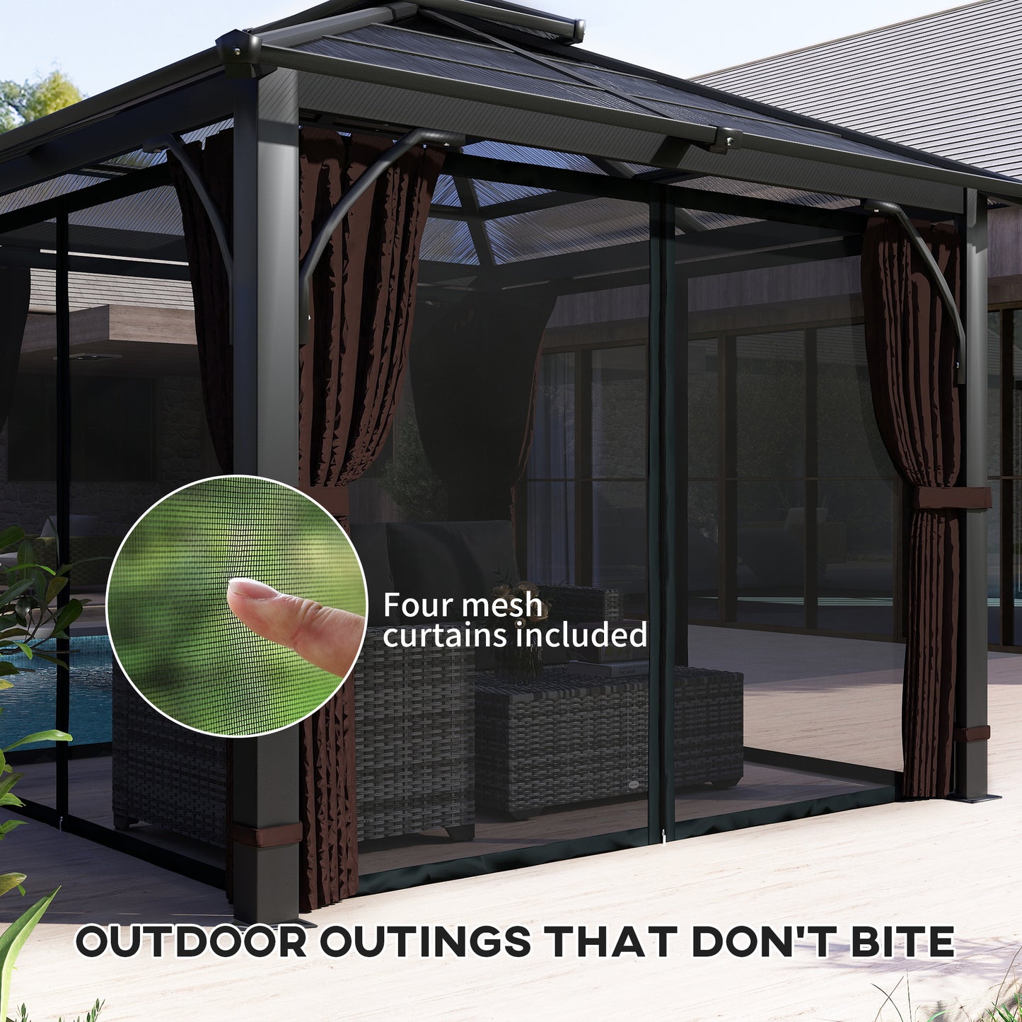 3 x 3(m) Hardtop Gazebo Canopy with 7mm Double Polycarbonate Roof, Garden Permanent Pavilion with Mosquito Netting, Brown