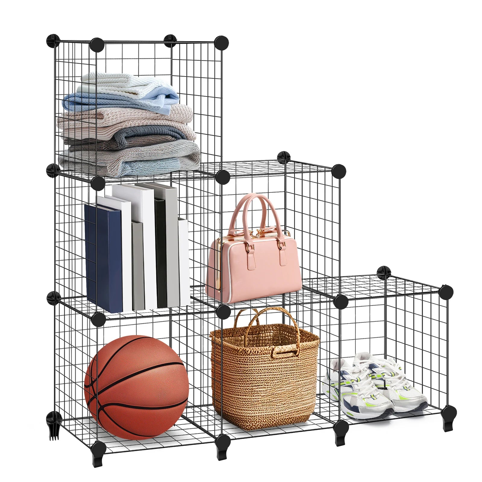 6 Cube Wire Cube Shelving Rack Bookshelf Storage Organiser Metal Grids Bookcase DIY Interlocking Shelf Unit System, Black