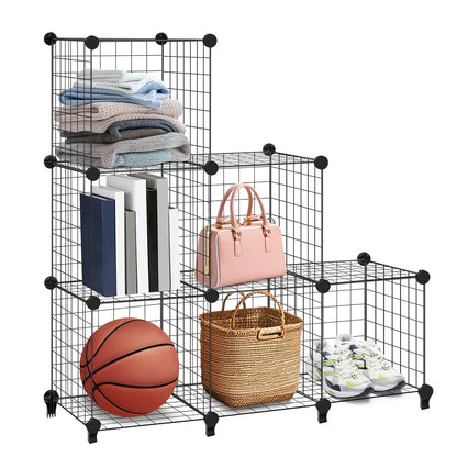 6 Cube Wire Cube Shelving Rack Bookshelf Storage Organiser Metal Grids Bookcase DIY Interlocking Shelf Unit System, Black