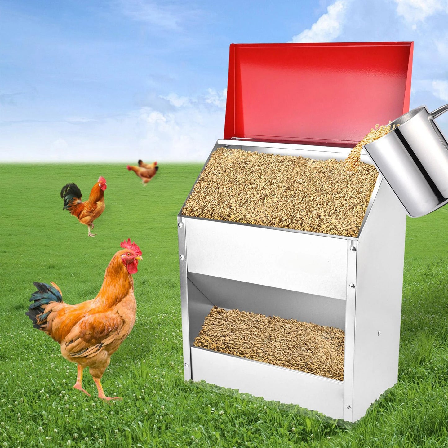 10Lbs Galvanized Steel Poultry Chicken Feeder Weatherproof Lid for Chickens Duck