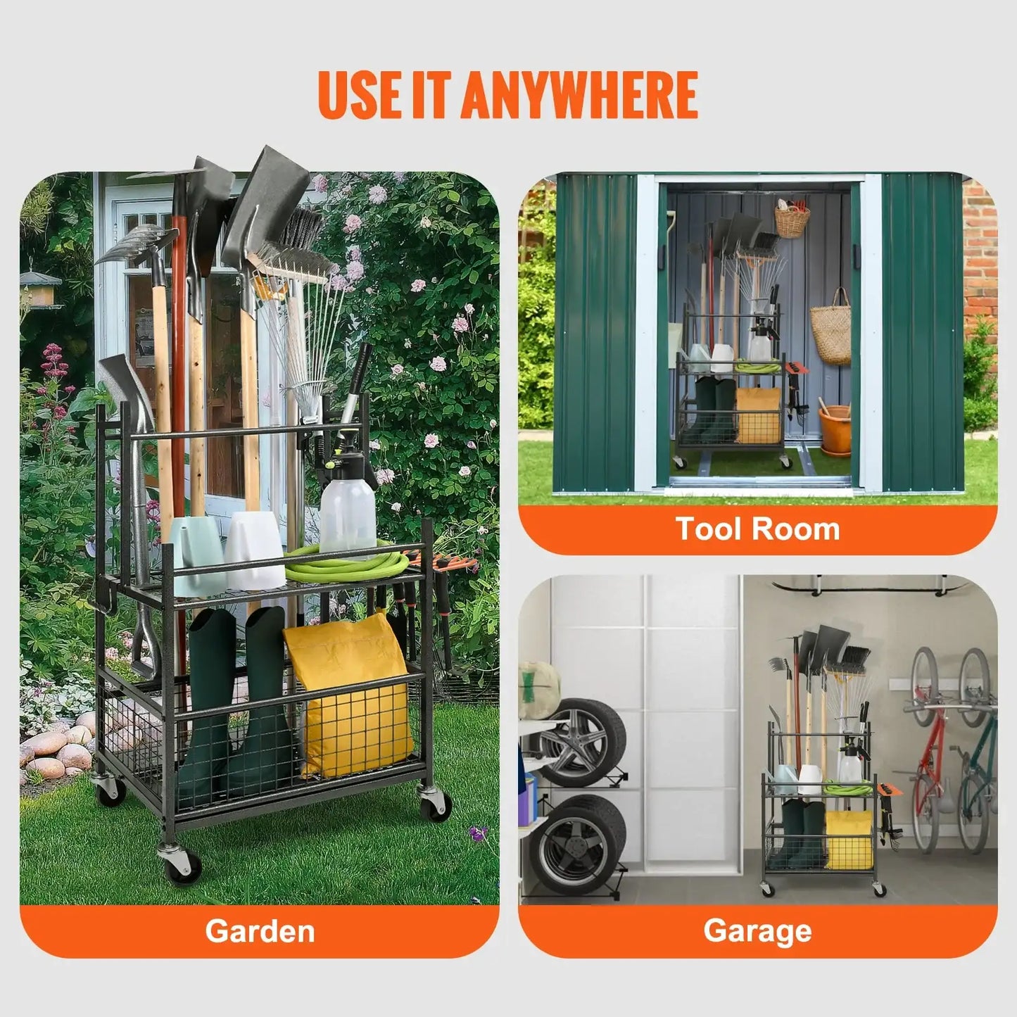 16 Slots Garden Tool Organiser Yard Tool Tower Rack With Hooks On Wheels Long-Handled Rake Stand Holder For Garage Shed Storage