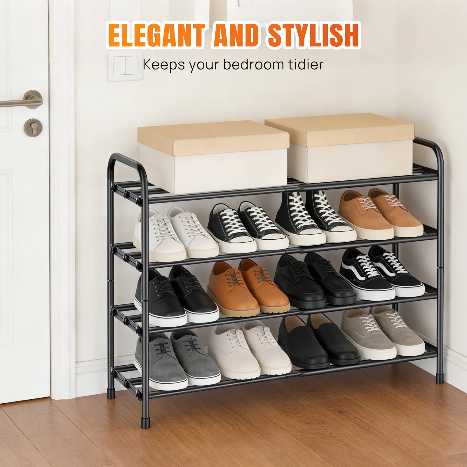 Adjustable Expandable Shoe Rack Organiser Shelf For Closet, Black Metal Free Standing Shoe Rack Store 2/3/4 Tier