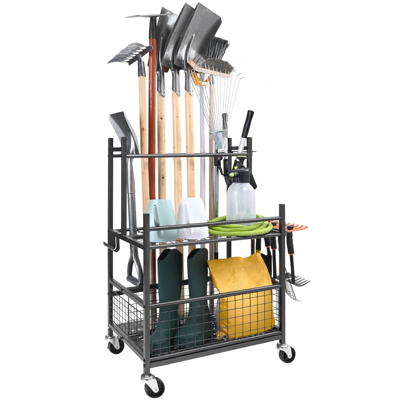 16 Slots Garden Tool Organiser Yard Tool Tower Rack With Hooks On Wheels Long-Handled Rake Stand Holder For Garage Shed Storage