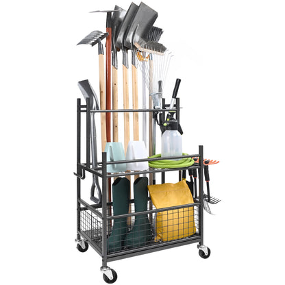 16 Slots Garden Tool Organiser Yard Tool Tower Rack With Hooks On Wheels Long-Handled Rake Stand Holder For Garage Shed Storage
