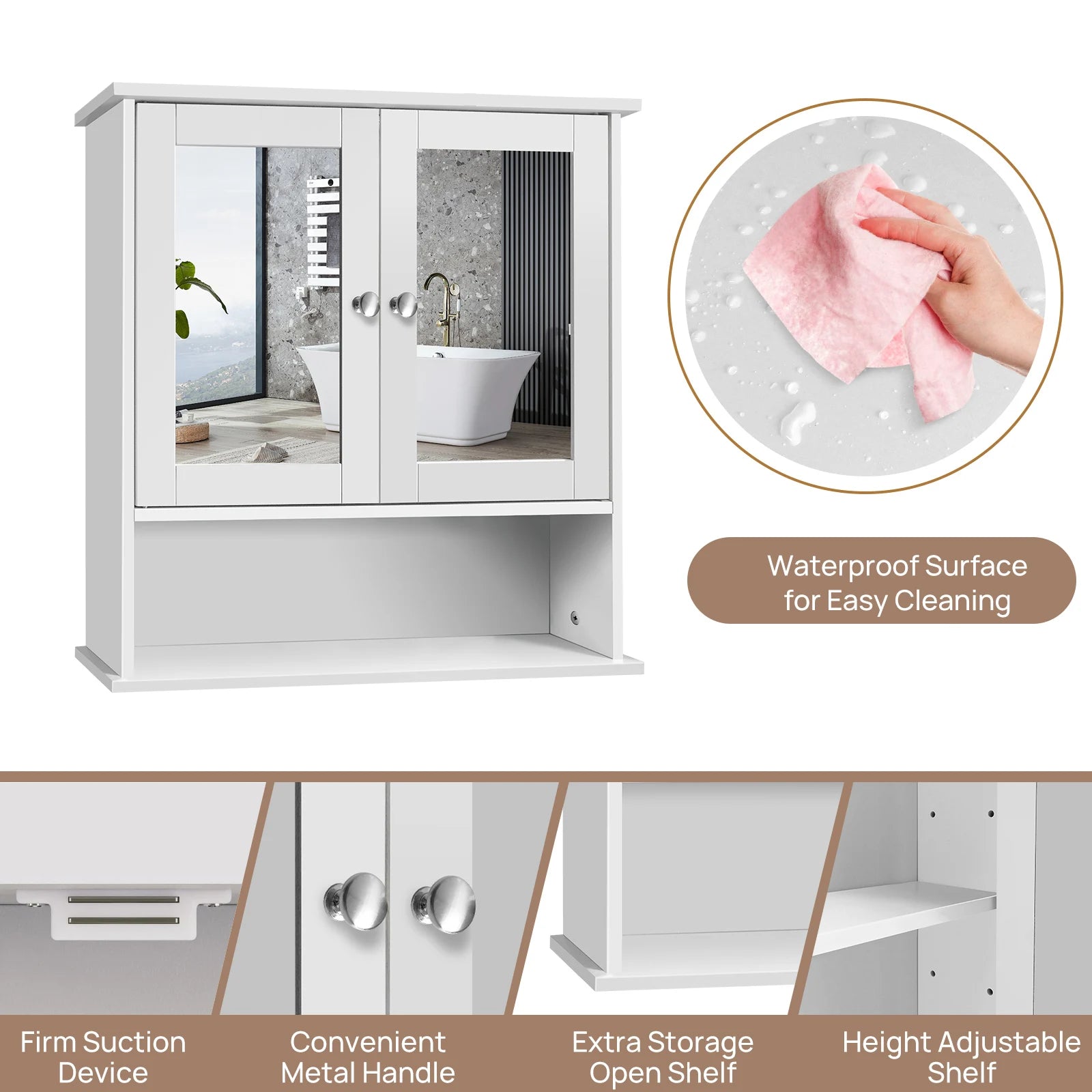 EFAN 3 Tier Mirror Cabinet Wall Mounted Cabinet Storage with Mirror and Double Door, Bathroom Storage Shelf Organizer Unit