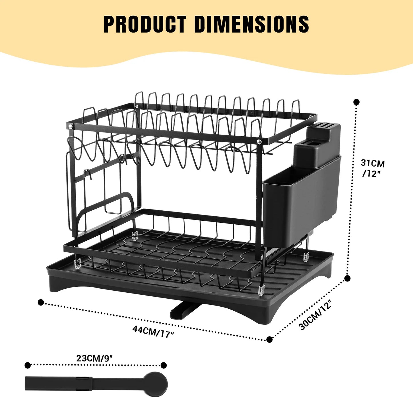 2-Tier Black Dish Drying Rack for Kitchen Countertop - Stainless Steel Dish Drainer with Drip Tray, Draining Board & Utensil